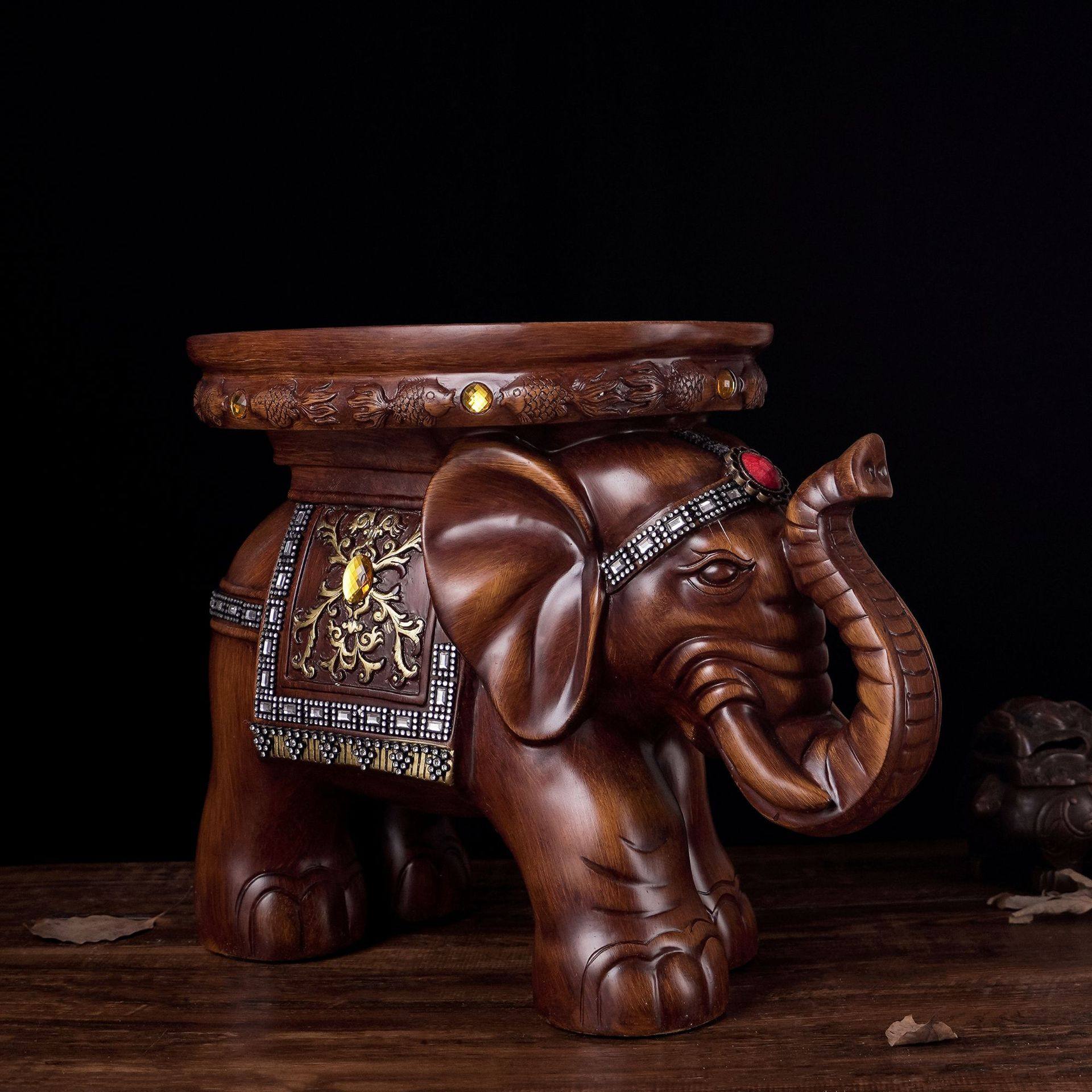 北欧大象换鞋凳子整装雕花大象红木檀木色树脂饰品家居客厅象摆件