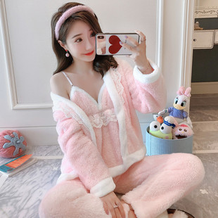 珊瑚绒睡衣女款冬季加厚加绒性感法兰绒保暖家居服三件套装春秋天