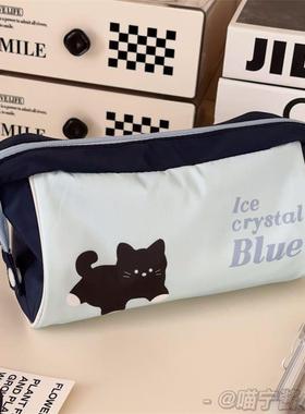 奶蓝色小黑猫笔袋ins风高颜值可爱文具收纳袋学生大容量简约笔袋