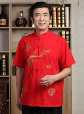 中老年短袖衬衫男夏季男式唐装