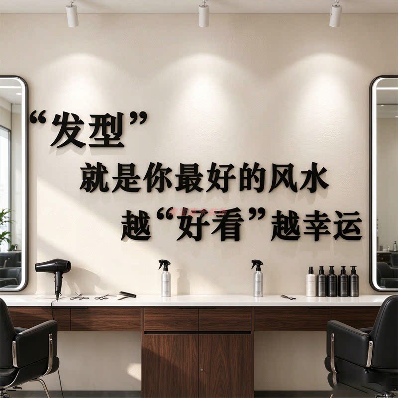 网红理发店铺墙面装饰沙龙美发廊贴画创意标语镜子形象墙氛围布置