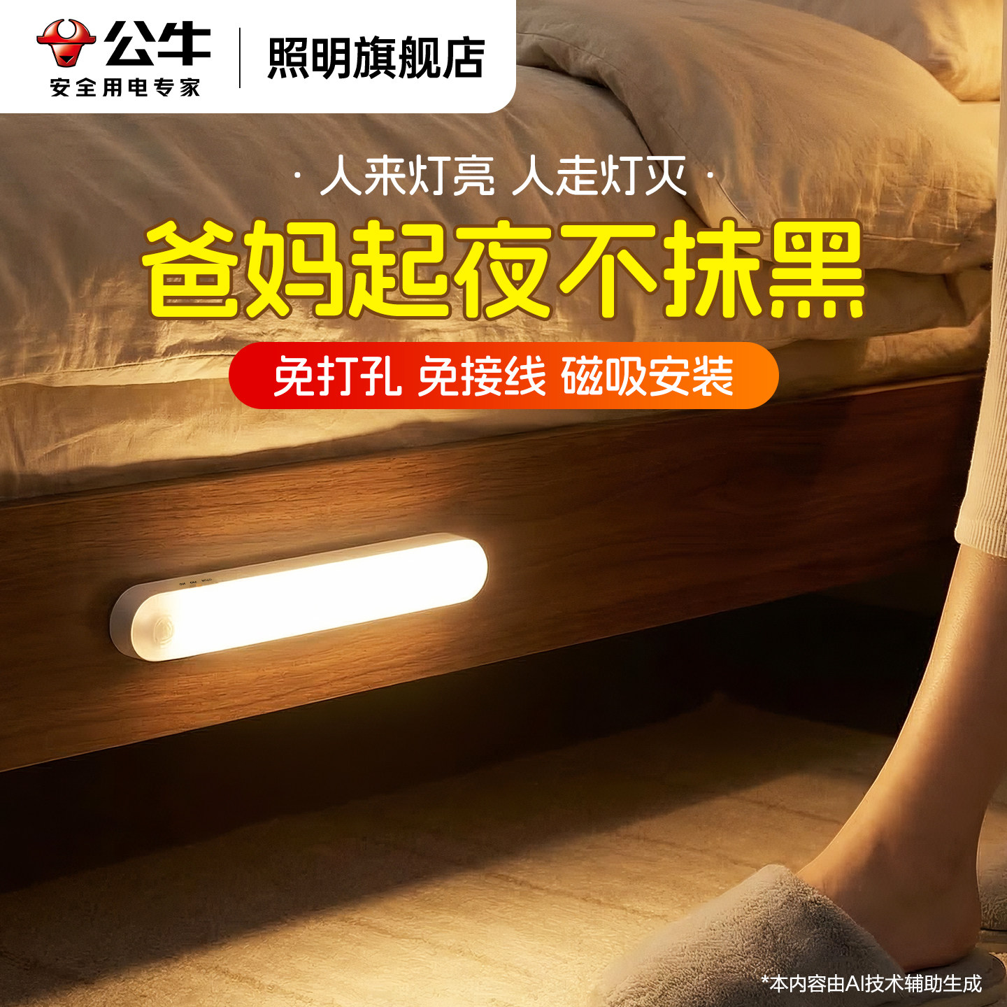 公牛小夜灯老人晚上起夜房间长时间续航卧室床边卫生间磁吸感应灯