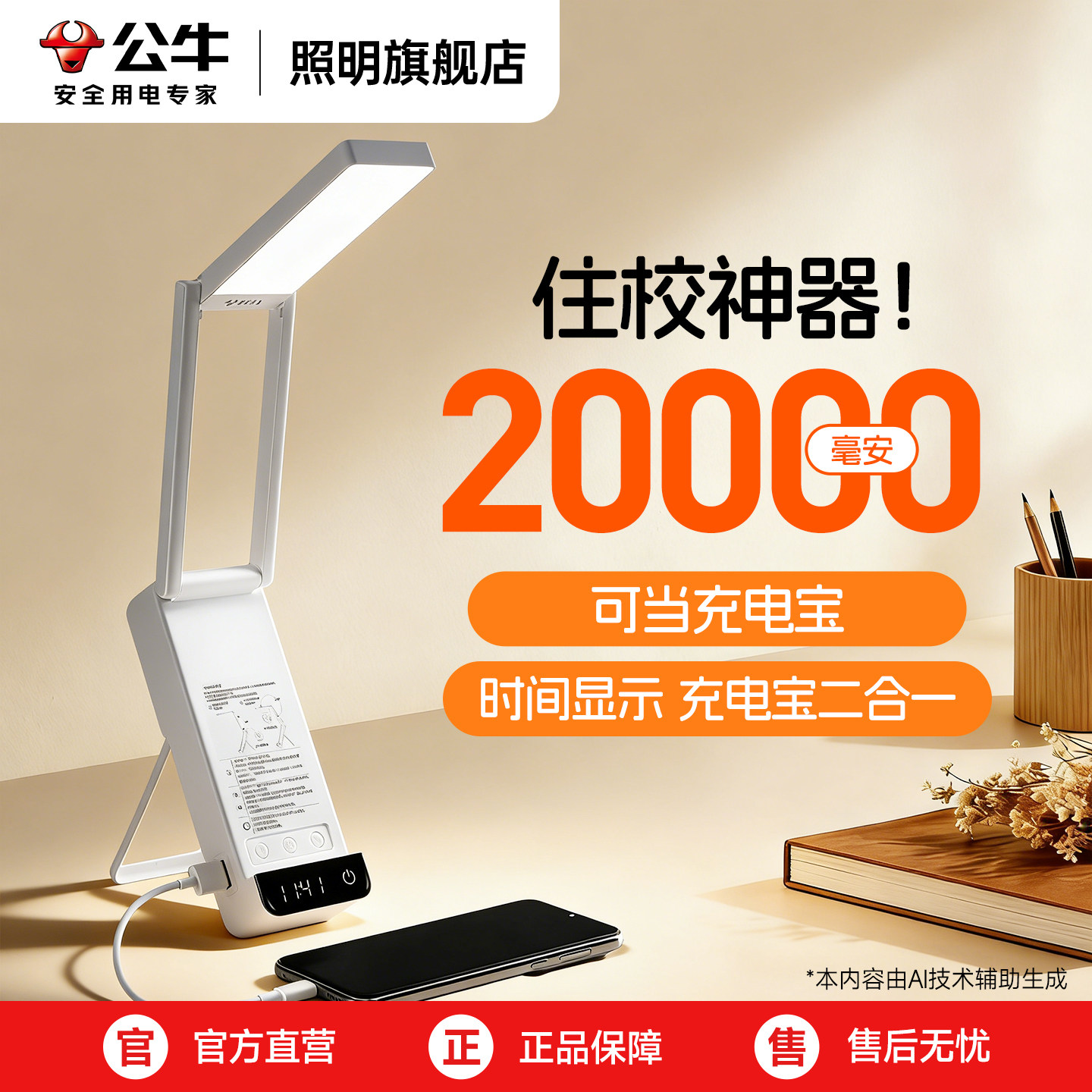公牛宿舍便携式大学生折叠台灯阅读学习考公考研长续航护眼台灯