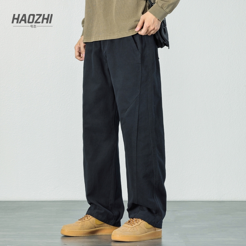 HAOZHI黑色纯棉直筒休闲裤男士秋冬加绒保暖裤子宽松百搭阔腿长裤
