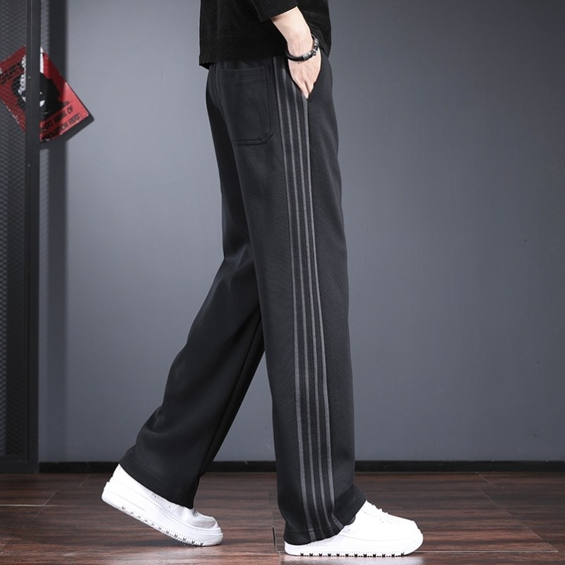 条纹撞色休闲裤子男秋冬款宽松直筒阔腿裤潮牌痞帅高级感加绒卫裤