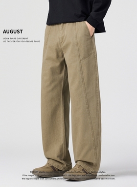 August卡其工装休闲裤男款宽松直筒长裤纯棉加绒加厚裤子男士百搭