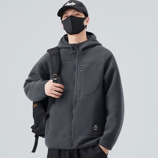 双面摇粒绒连帽外套男款秋冬款2025新款加绒加厚男士夹克休闲上衣