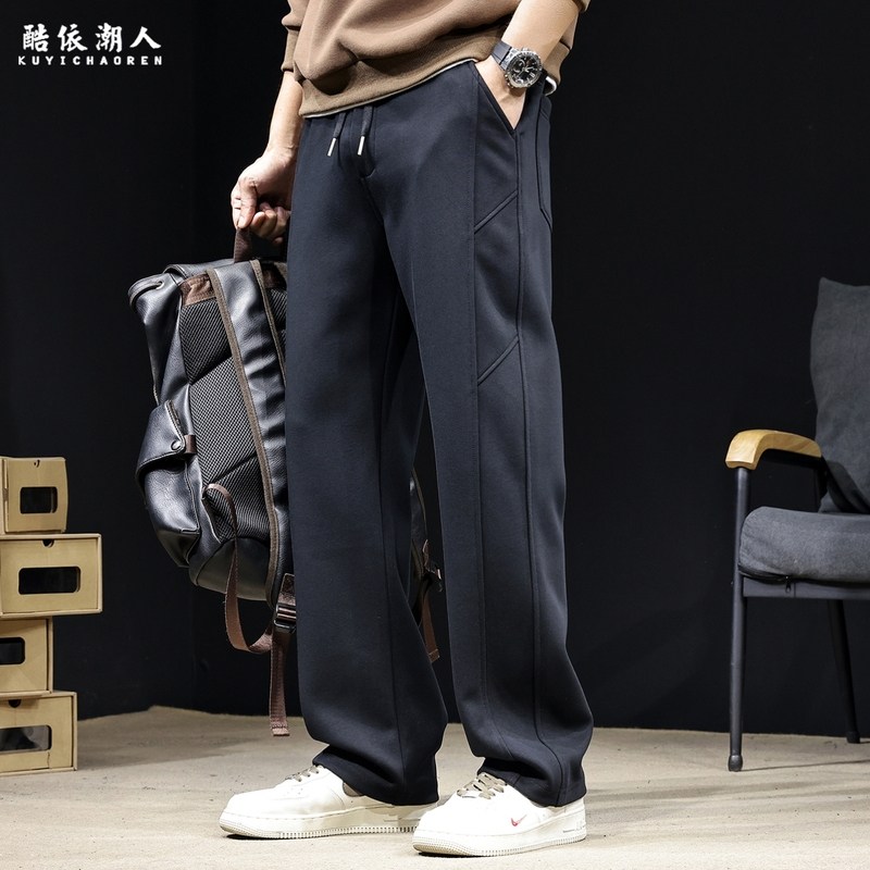 拼接直筒运动裤男秋冬季2025新款加绒加厚卫裤休闲长裤子宽松大码
