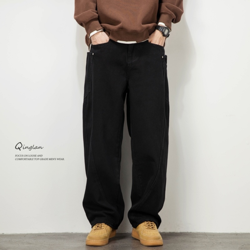 黑色牛仔裤男宽松直筒垂感阔腿加绒裤子美式潮牌休闲弯刀裤秋冬款