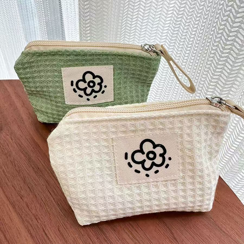 小花朵包包可爱简约华夫格零钱包小巧便携口红包化妆包拉链手腕包