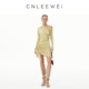 CNLEEWEI26早春新品 褶皱收腰金属珠斜肩褶皱针织短连衣裙