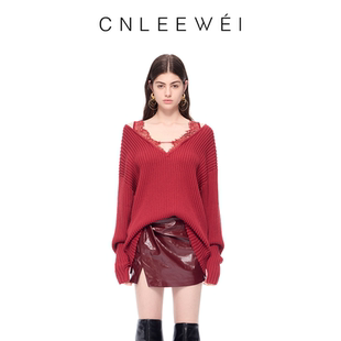 【张艺凡同款】CNLEEWEI25秋季宽松坑条V领拼接蕾丝羊毛针织上衣