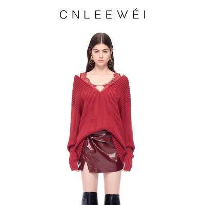 【张艺凡同款】CNLEEWEI25秋季宽松坑条V领拼接蕾丝羊毛针织上衣
