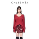 CNLEEWEI25秋季 张艺凡同款 宽松坑条V领拼接蕾丝羊毛针织上衣