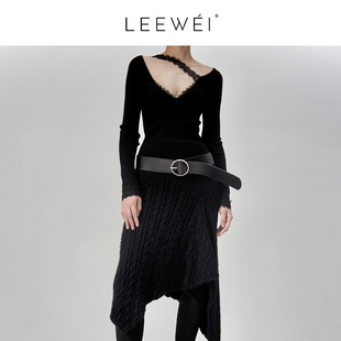 CNLEEWEI2024冬季新款黑色深V拼接蕾丝羊毛织上衣女打底衫针织衫