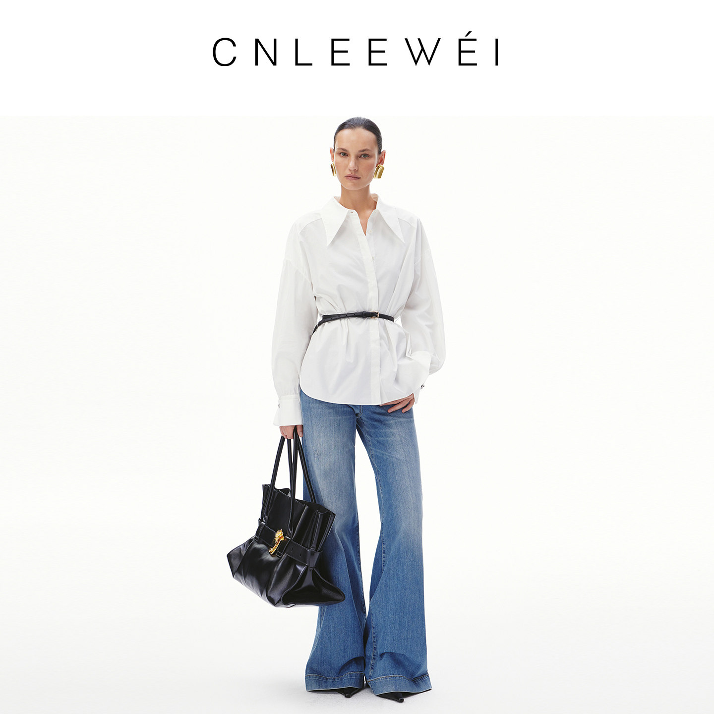 CNLEEWEI26早春新款可拆撞色细皮带别致尖领泡泡袖衬衫