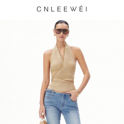 【慎婕同款】CNLEEWEI 26夏季蕾丝拼接V领挂脖冰丝毛织上衣背心