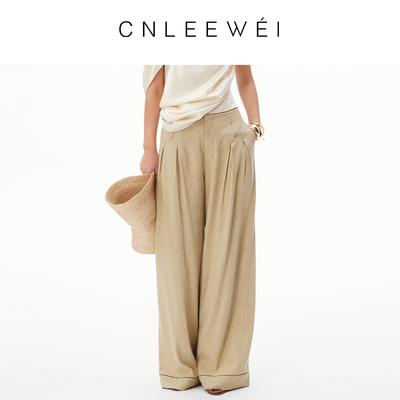 CNLEEWEI26春新款女松弛老钱风麻料镂空花边拼接阔腿甩裤休闲裤