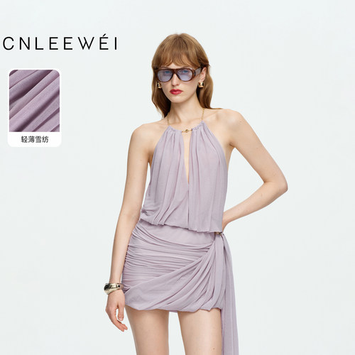 CNLEEWEI秋新链条挂脖连衣裙