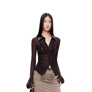 CNLEEWEI 2024秋季新款高级设计感上衣透视装网纱修身显瘦衬衣