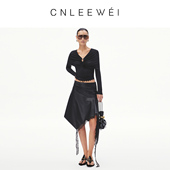 钟欣潼明星同款 CNLEEWEI26早春蕾丝拼接皱褶围裹披肩针织上衣