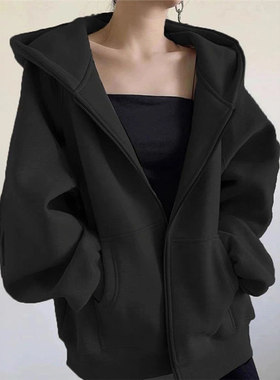 秋冬黑色厚棉T外套女加绒加厚2025年爆款春秋薄款宽松开衫连帽上