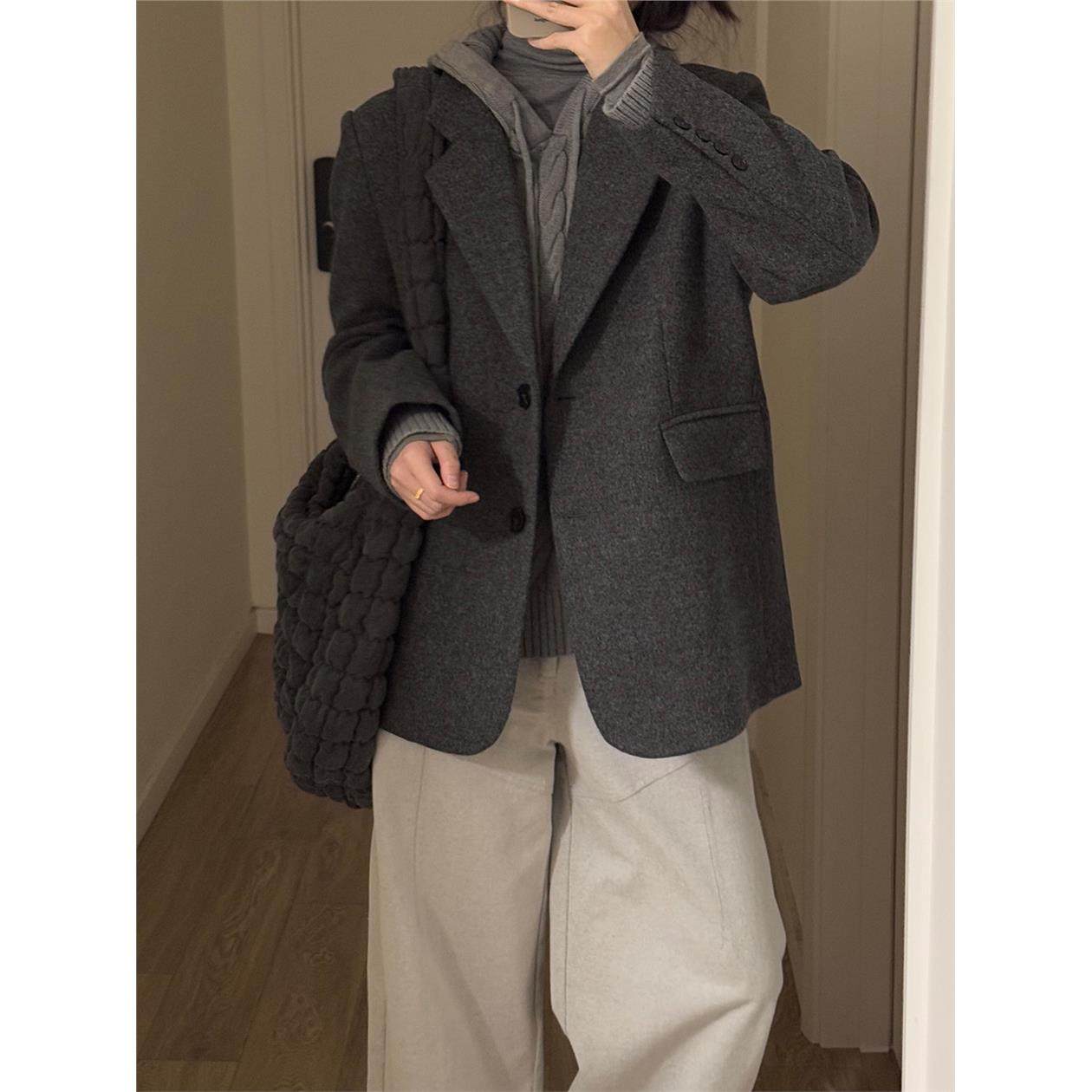 灰色西装呢子大衣女短款韩系2025新款秋冬加厚小个子毛呢外套