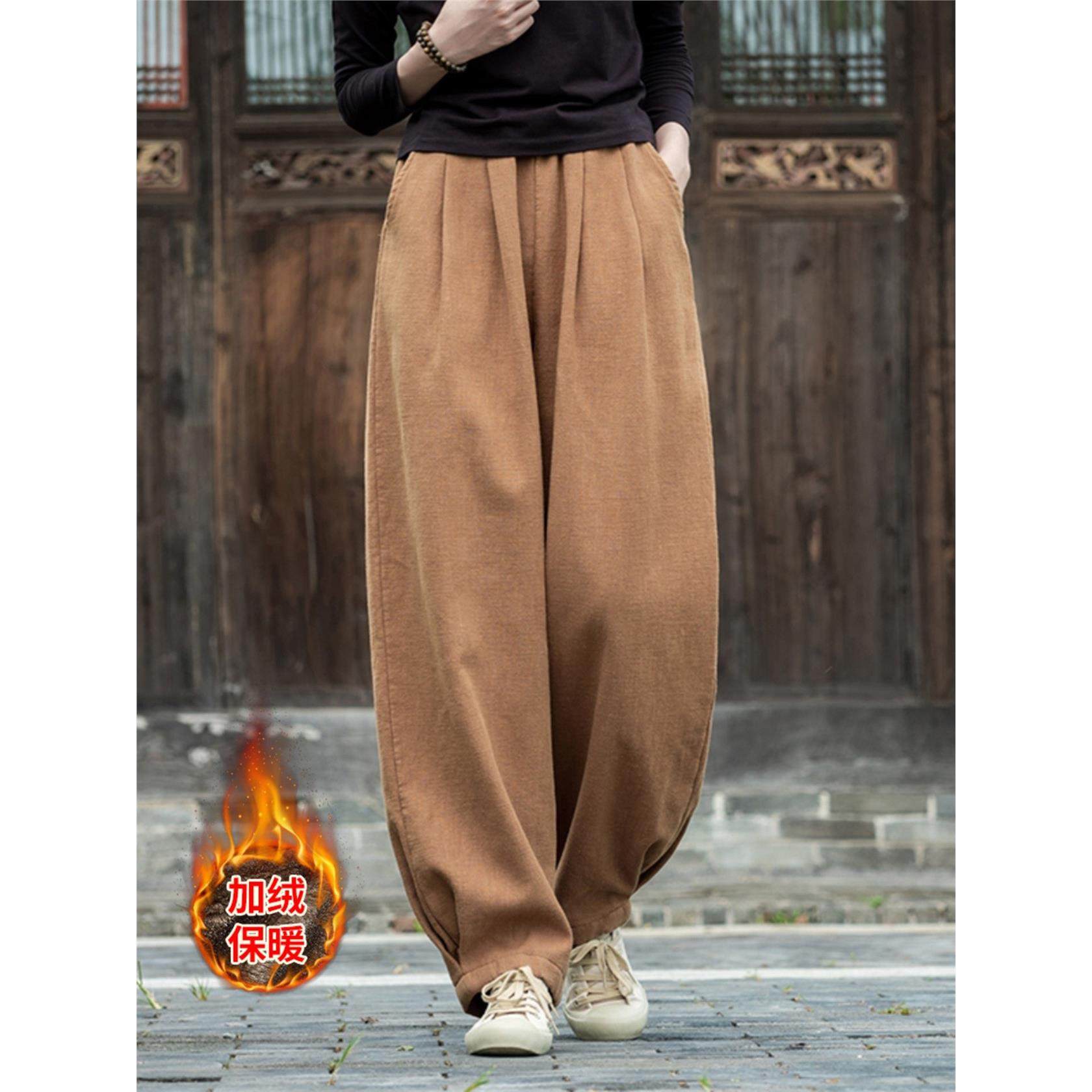 棉麻裤子2025新款秋冬加厚休闲裤宽松修身Look羊毛衬里裤禅宗套装