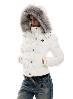 0123start 毛领修身连帽棉服外套女潮牌冬季新款保暖短款白色棉衣