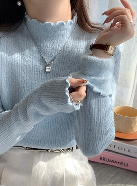 苏三三蓝色加绒毛衣女款2025新款冬季加厚内搭秋冬针织打底衫上衣