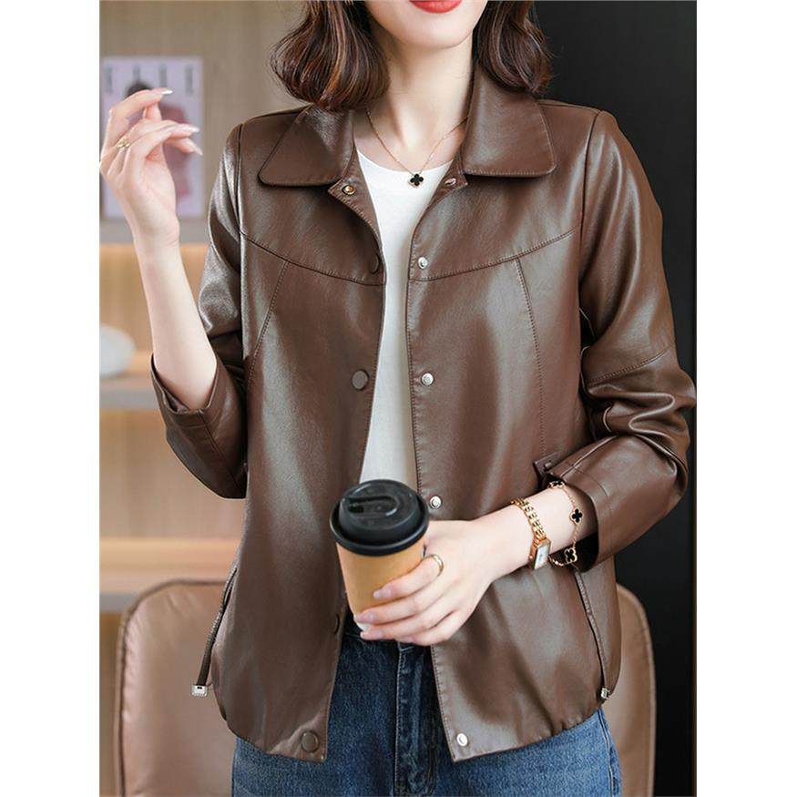 女士高级感海宁2025春翻领皮衣外套女加绒加厚新款显瘦百搭上衣