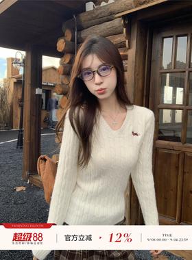 morning bloom刺绣v领麻花针织衫女秋季新款打底内搭毛衣长袖上衣