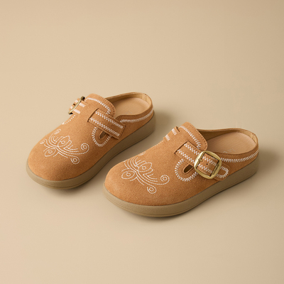 春季刺绣包头半拖勃肯鞋女一脚蹬