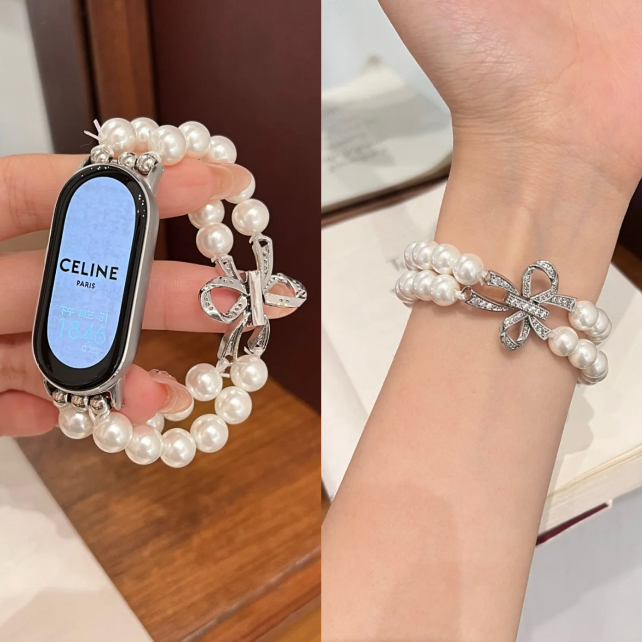 轻奢蝴蝶结适用于小米手环10珍珠表带9/8pro串珠女链金属腕带9NFC