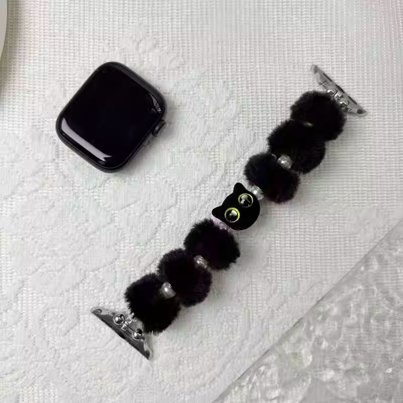 可爱毛绒小猫串珠表带s11适用苹果手表s10小米手环10时尚华为腕带