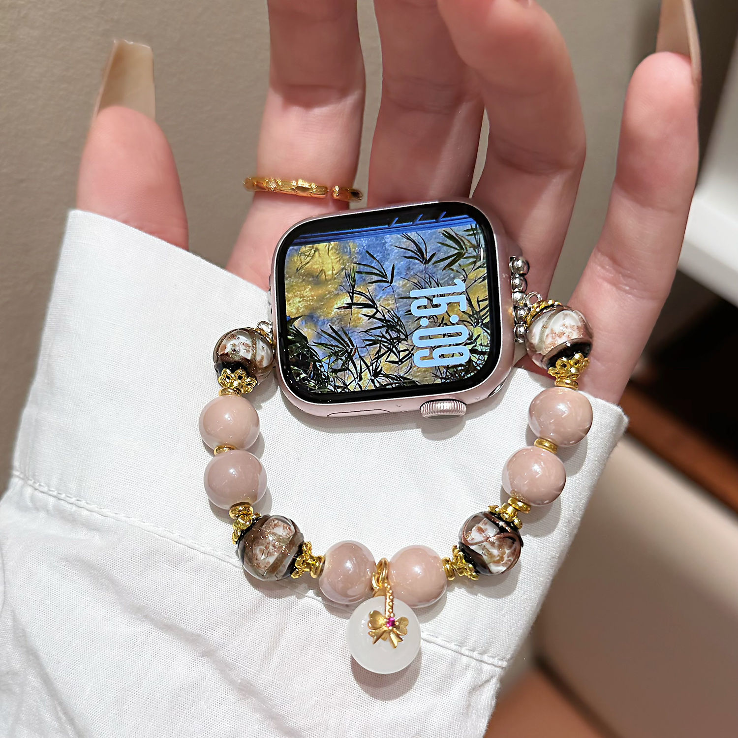 适用iwatch粉色香灰琉璃表带