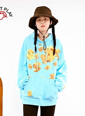 INNAT PLAY2025秋冬款水蓝色印花纯棉宽松连帽卫衣女装PL11HO010A