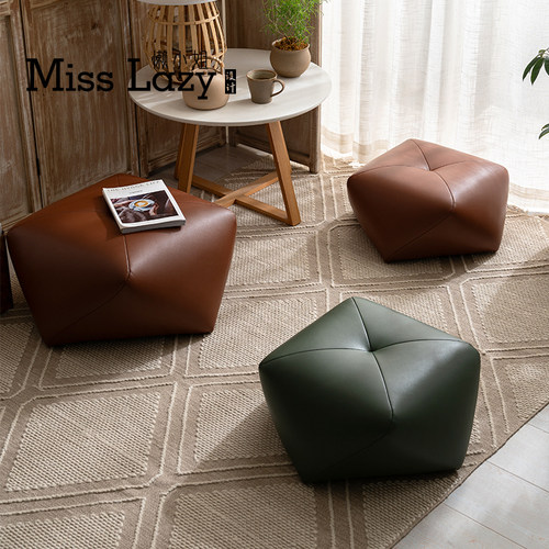 懒小姐生态真皮八角凳家用客厅脚踏矮凳轻奢高级感实木入户换鞋凳