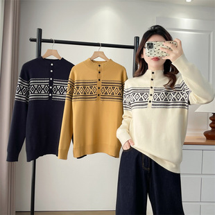 大码 2588 胖mm冬春百搭宽松显瘦减龄毛衣女费尔岛提花半高领针织衫