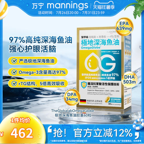 香港万宁theGLOBALab成人中老年高普极地深海鱼油97%高纯度omega3