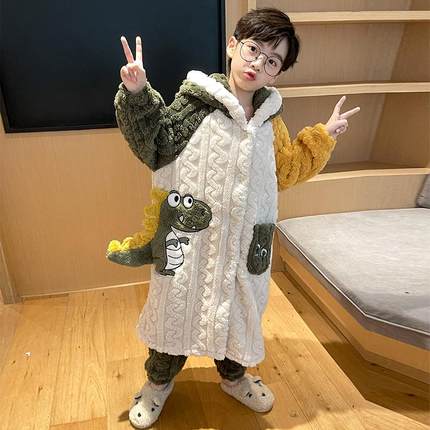 儿童睡衣男孩2024新款秋冬季加绒加厚珊瑚绒男童睡袍冬款男孩套装