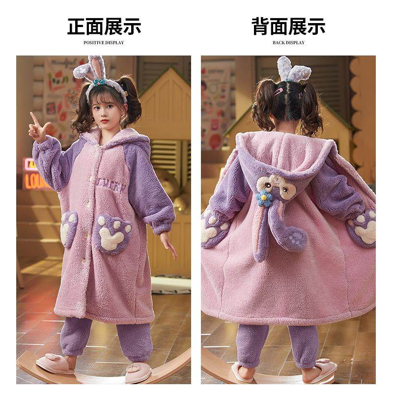 女童睡衣秋冬季珊瑚绒加绒冬款儿童睡袍长款小女孩家居服2024新款