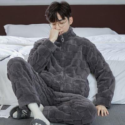 秋冬季男士珊瑚绒可外穿睡衣拉链加厚加绒法兰绒家居服潮套装冬天