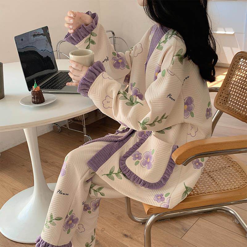睡衣女士春秋冬季空气棉夹层加厚开衫套装甜美韩版花朵外穿家居服