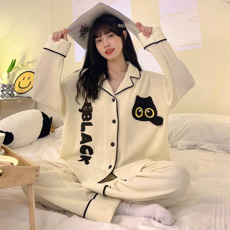 春秋冬季华夫格睡衣女长袖新款可外穿棉质2023年小个子家居服套装