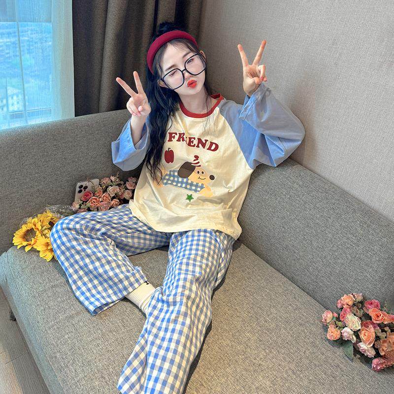 女童2024网红睡衣秋冬新款家居服初中生防凸点女孩带胸垫纯棉套装