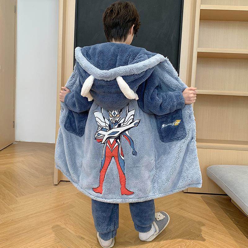 儿童睡衣男孩2024新款秋冬季浴袍加厚珊瑚绒男童睡袍奥特曼家居服