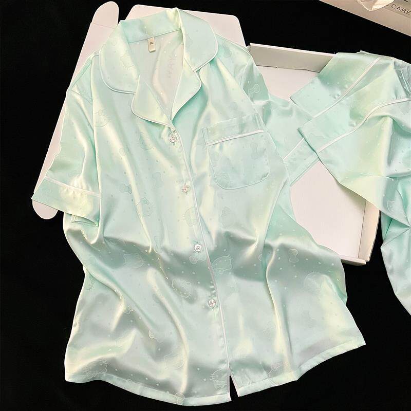 helloKitty高级感冰雪丝睡衣女款夏季天短袖短裤长裤三件套家居服