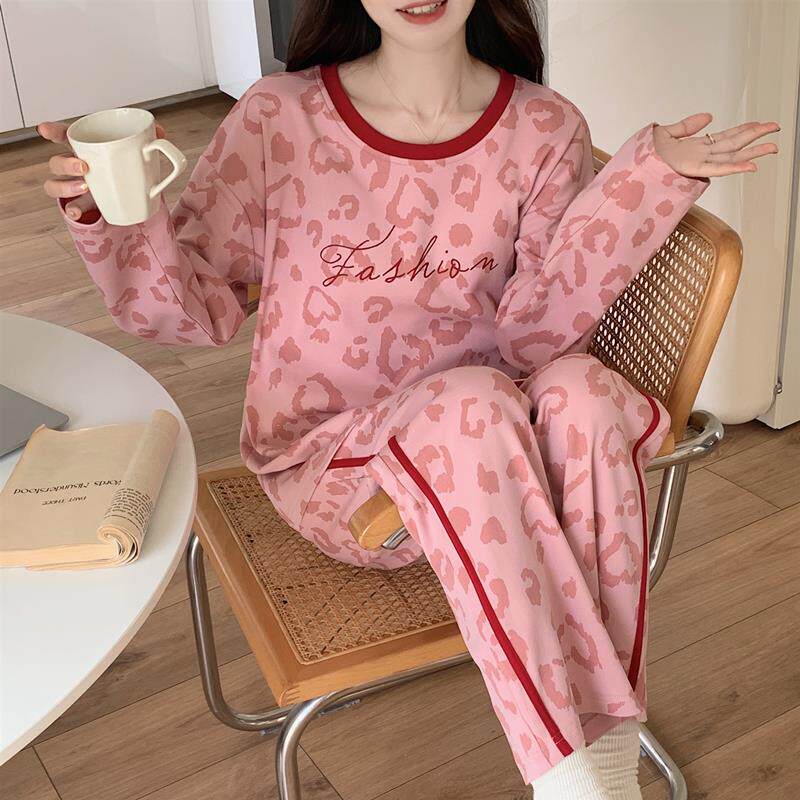 睡衣女款春秋季纯棉长袖带胸垫一体2024年新款秋冬休闲爱心家居服
