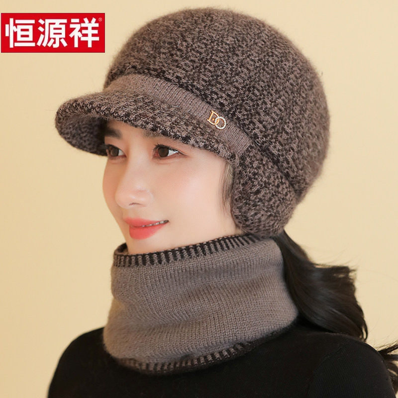 中老年人帽子女妈妈冬天新款护耳老太太围脖防寒帽奶奶毛线保暖帽
